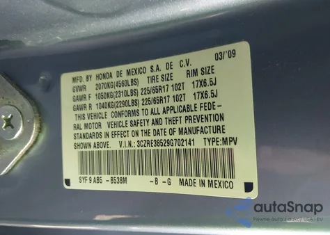 2009 Honda Cr-V Ex from USA, damaged, VIN 3CZRE38529G702141